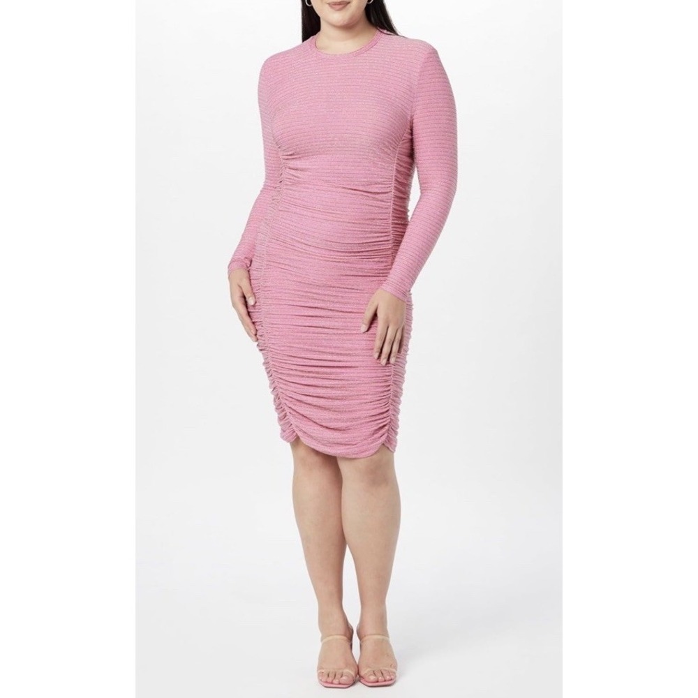 The‎ Drop Ruched Pink Stripe Adrianna Dress Knee Length Flattering Metallic NWT